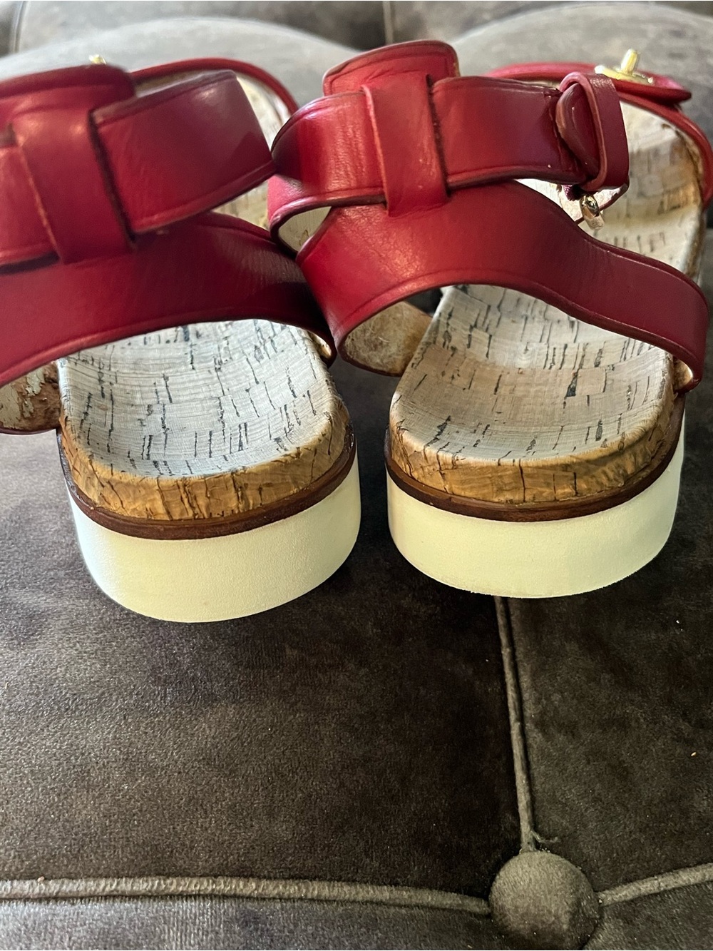 Coach Red Leather Ankle-Strap Sandals with Gold Accents - Picture 3 of 8